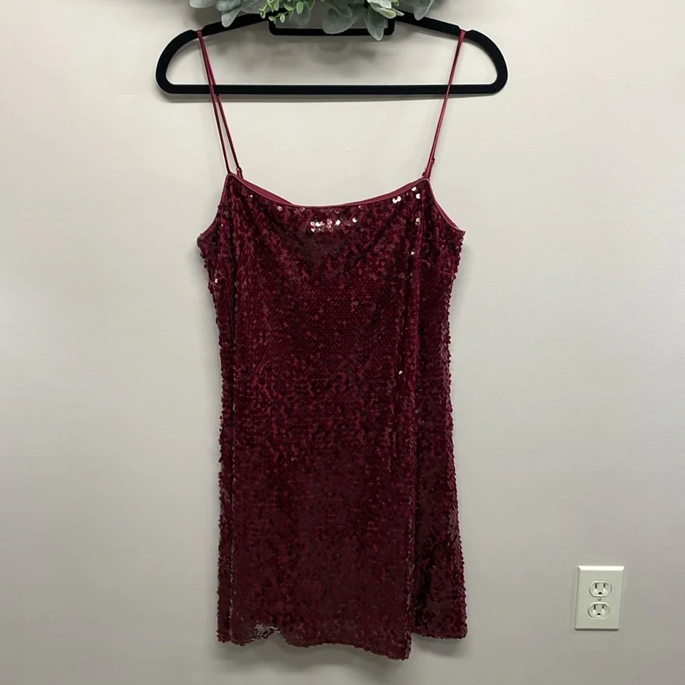 Three Pink Hearts Burgundy Sequin Mini Dress Spaghetti Strap Cocktail Prom XXL
